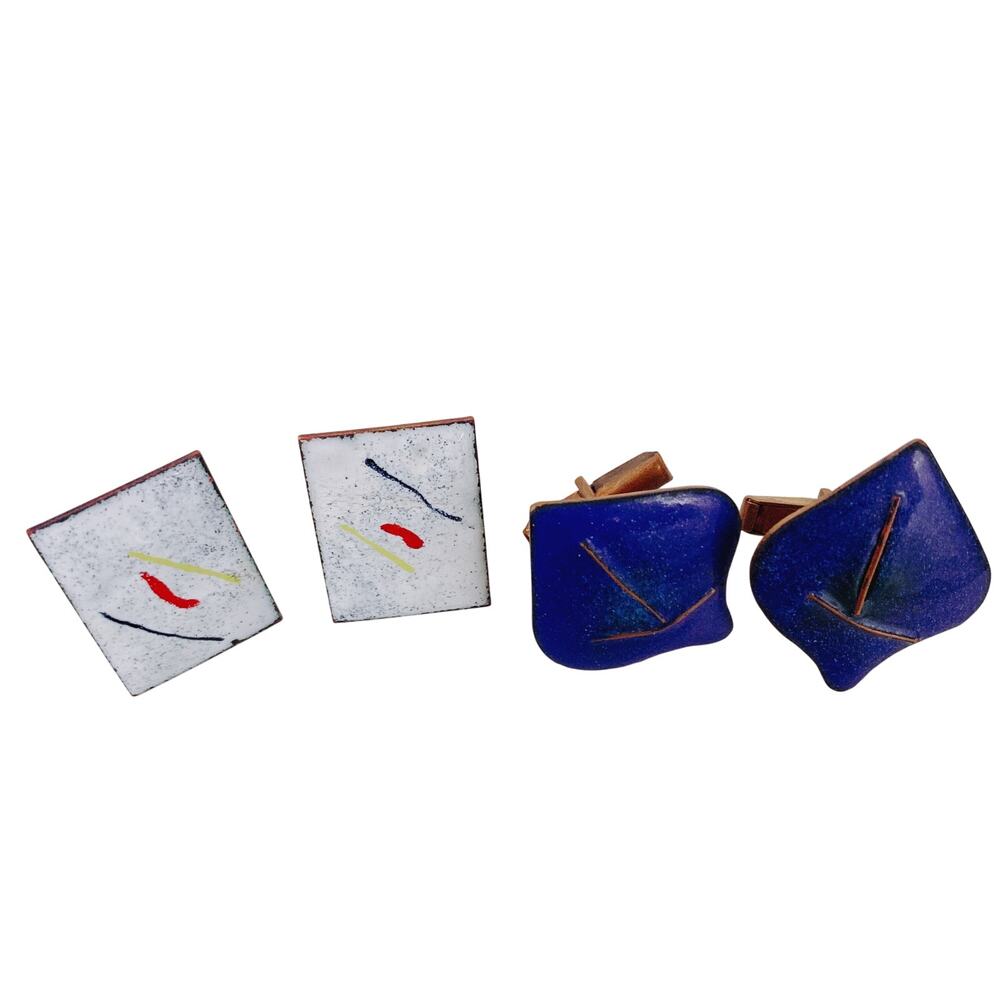 VTG Mid-Century Enamel Copper Cufflinks Abstract Modernist 50s 60s 2 Pair Set